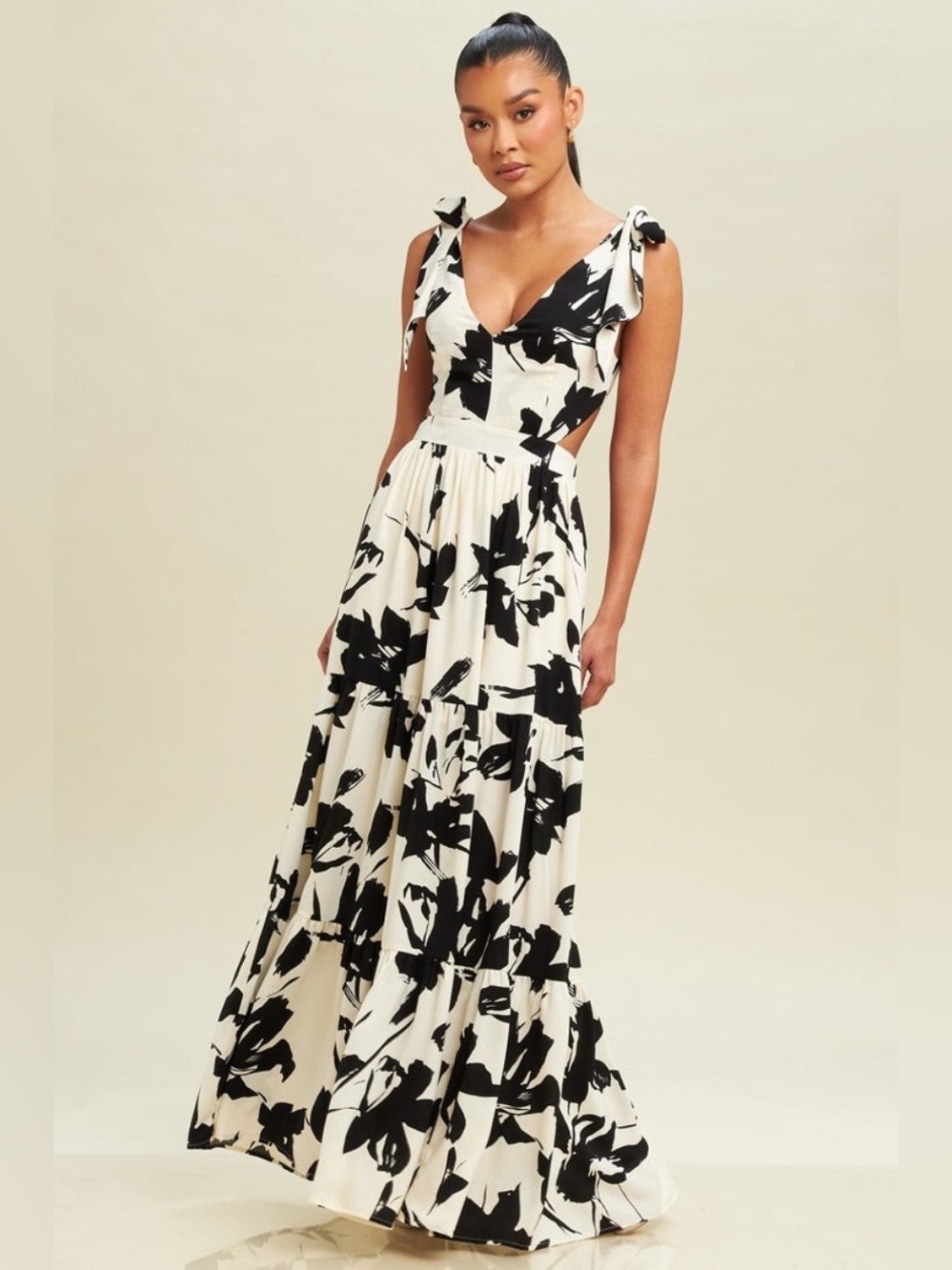Black & White Floral Maxi Dress with Tie Shoulders